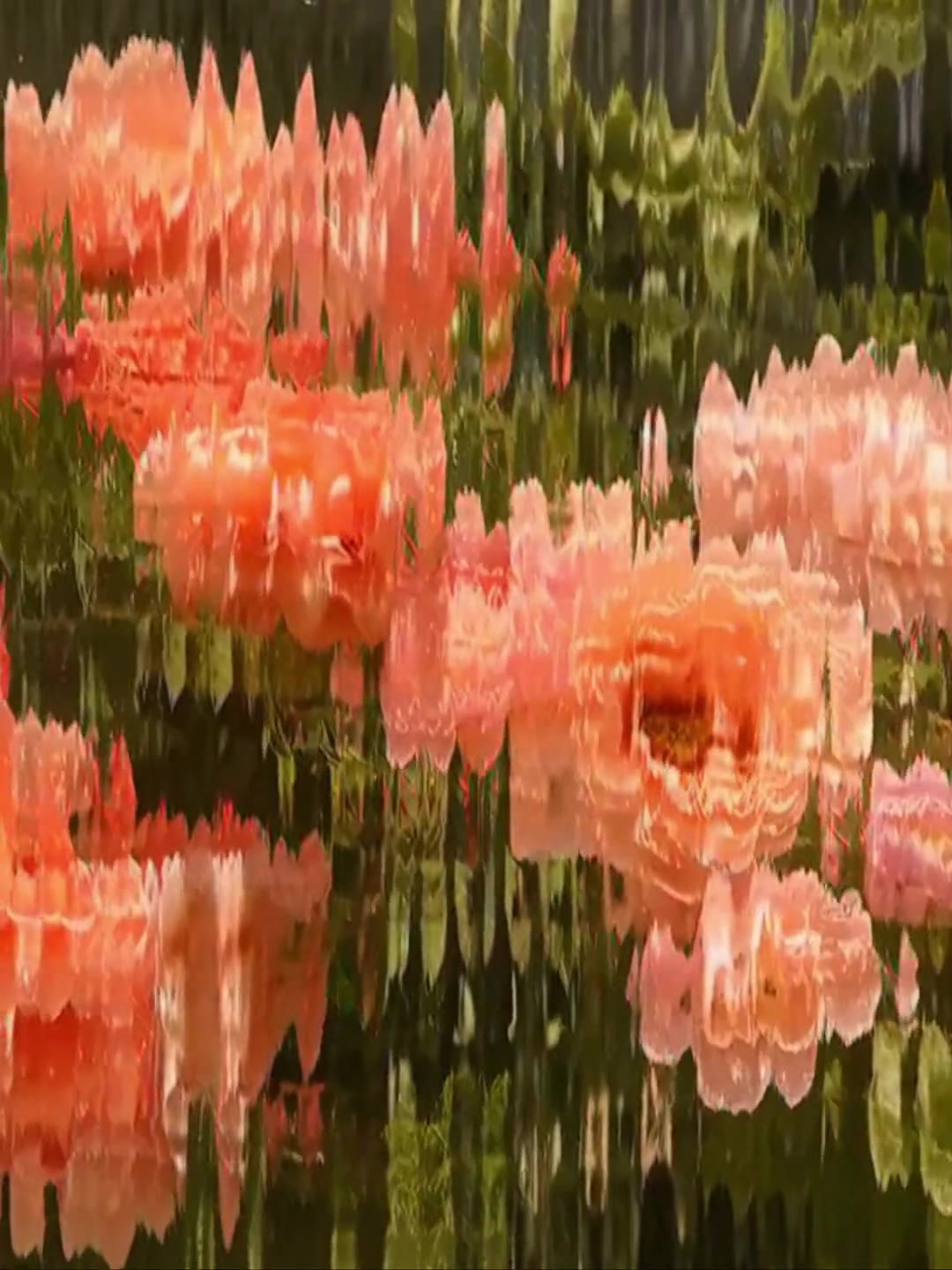 Soft pink flowers reflected in water
